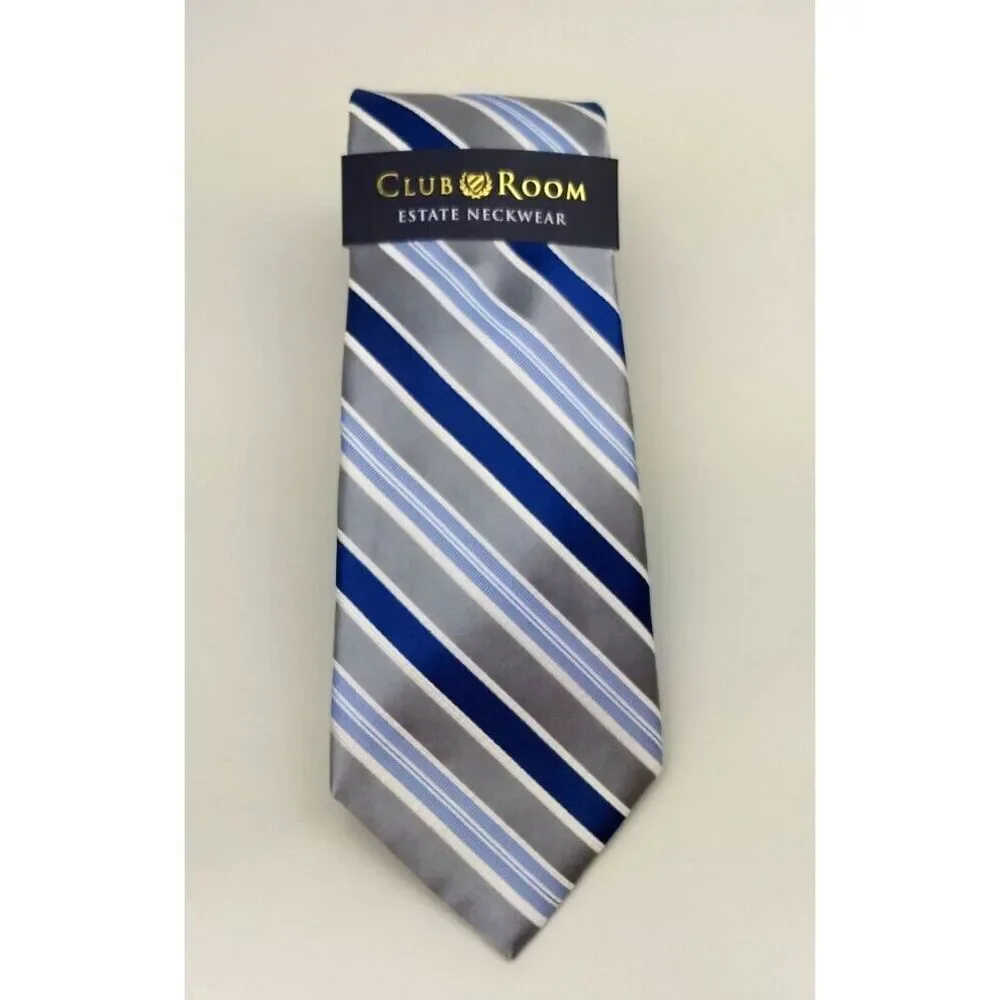 CLUB‎ ROOM 100% Silk Tie Estate Neckwear Seven Stripe Blue White Silver NWT